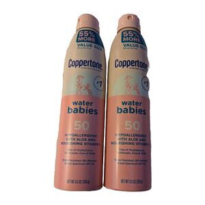 NEW 2 Coppertone Sunscreen Water Babies Lotion Spray, SPF 50 - 9.5 oz ea
